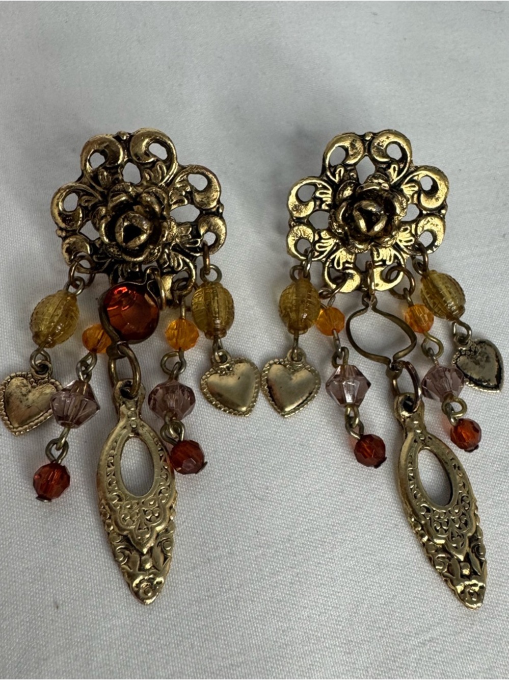 Vintage Gold Tone Dangle Earrings Amber Bead Heart Charm Boho